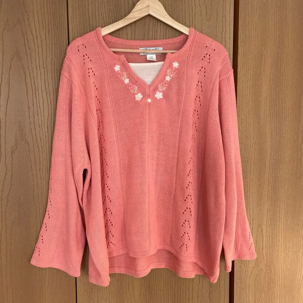 90s Vintage Floral Embroidered Coquette Sweater Peach Pink - Size 2X